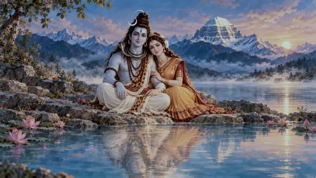 झील के किनारे शिव और गौरी का चित्र। Painting of Shiva and Gauri by a mountain lake.